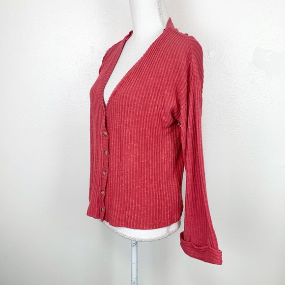 Code x Mode Sweater Women Small Red Ribbed Knit Cardigan Bell Sleeve Button Up - Picture 3 of 8
